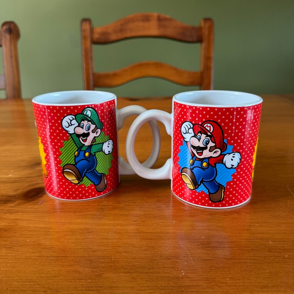 Nintendo Super Mario Bros Mug Set Mario Luigi Yoshi Red Polka Dot 2 Piece